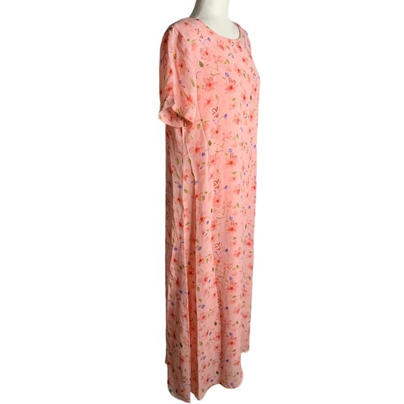 Vintage 90s Cottagecore Maxi Dress M Pink Slip Short Sleeve Round Neck Shift - Picture 3 of 7